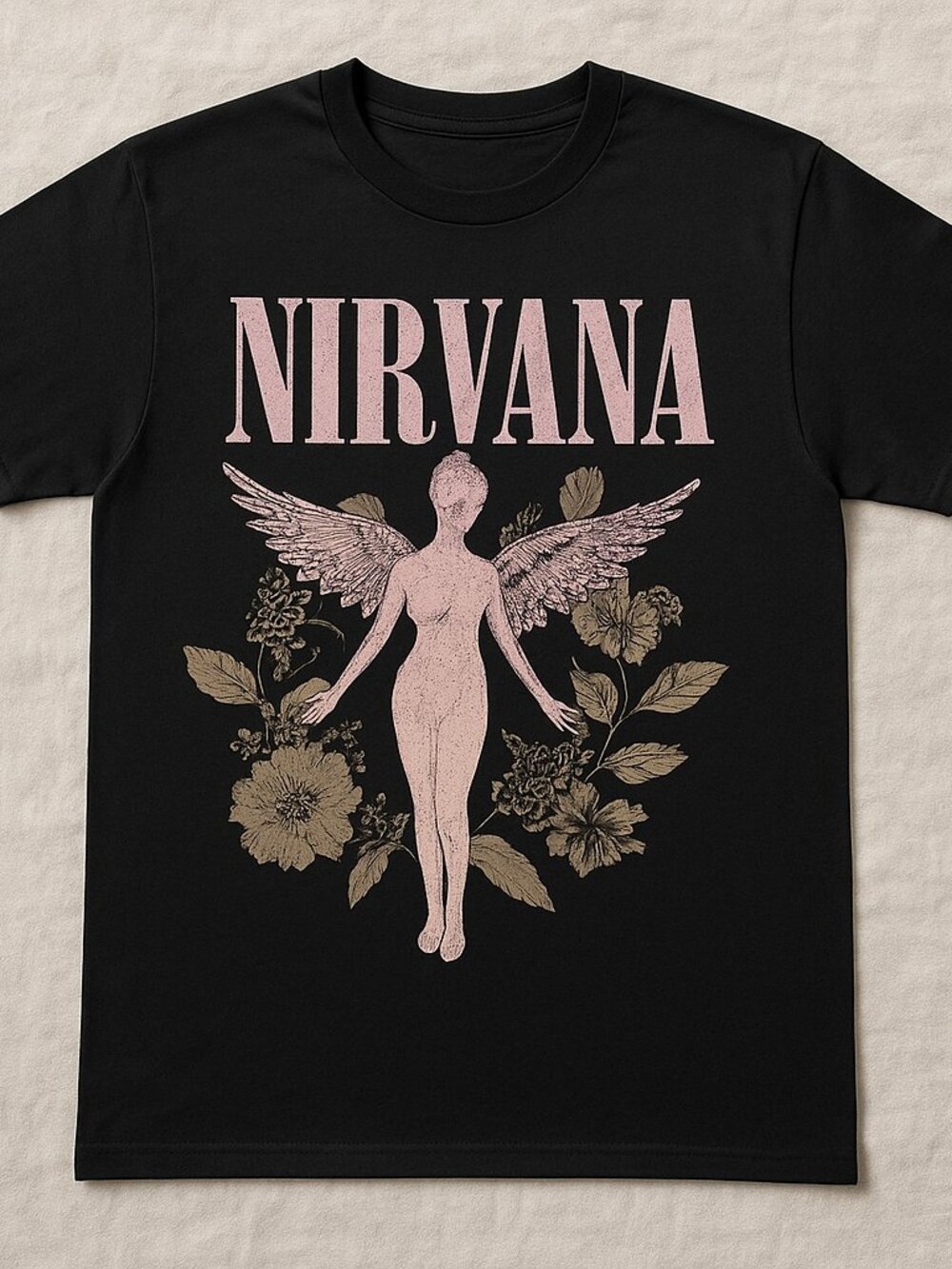Nirvana Angel Floral Graphic Tee | Pink Black Grunge Rock Band T-Shirt
